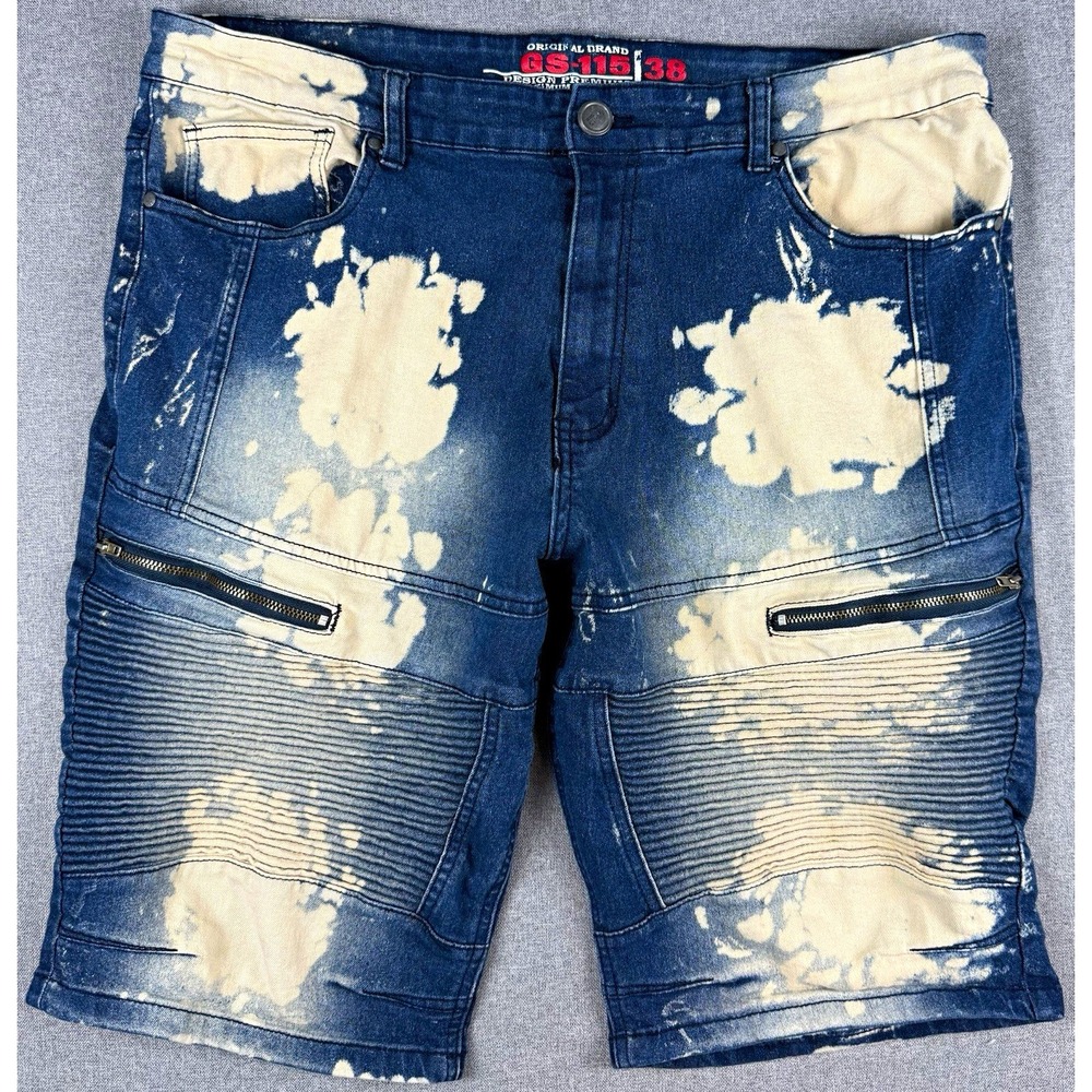 GS-115 Moto Mens 38 Denim Shorts Bleach Splatter Biker Ribbed Zip Pockets